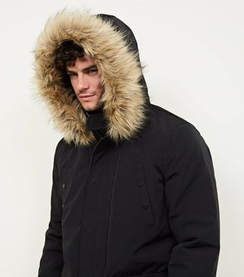 Black Faux Fur Trim Hooded Parka | New Look