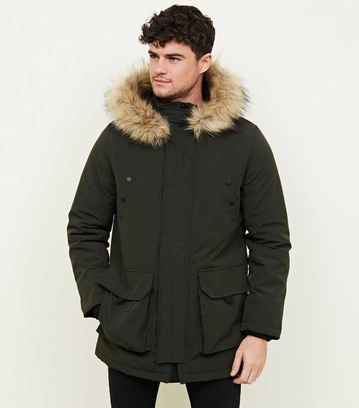Khaki Faux Fur Trim Hooded Parka