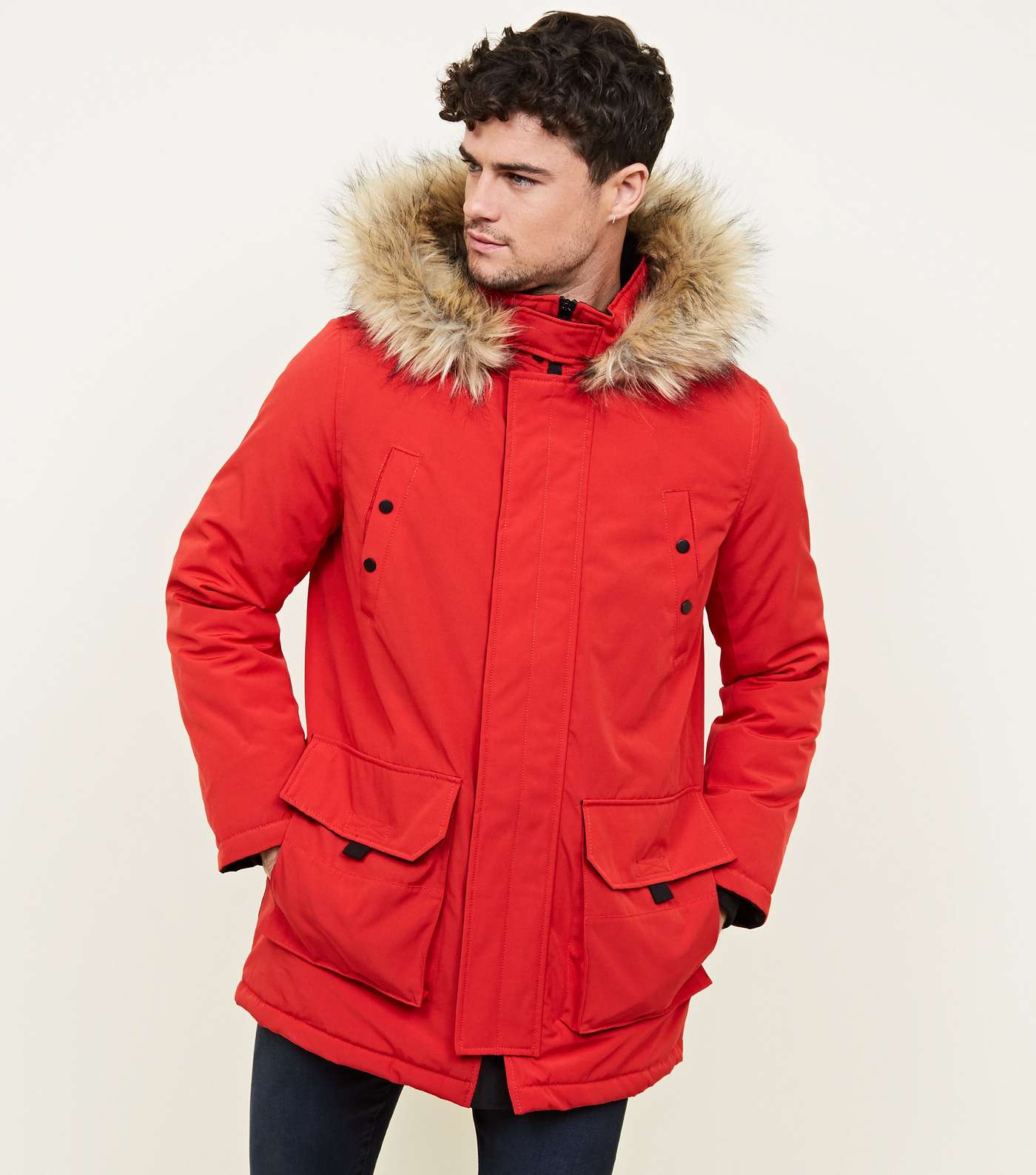 Red Faux Fur Trim Hooded Parka