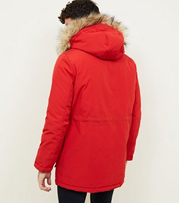 Men's Red Faux Fur Trim Hooded Parka New Look shop for Men's Red Faux Fur Trim Hooded Parka New Look at Shopo