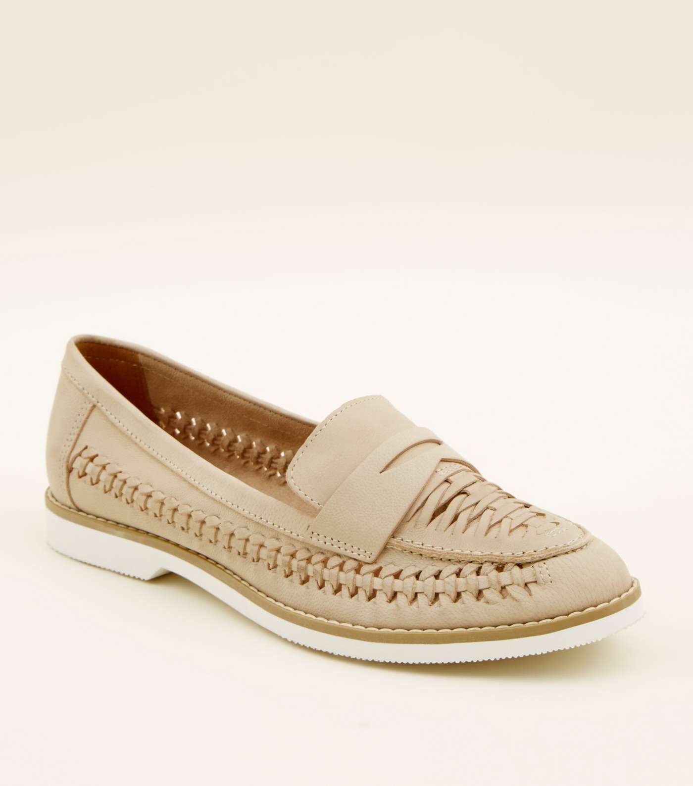 Nude Woven Leather Penny Loafers