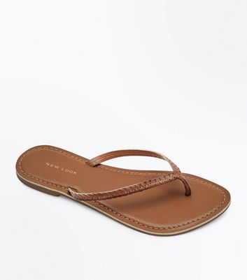 Tan Leather Woven Flip Flops | New Look