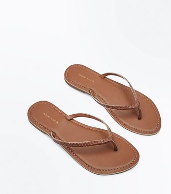 Tan Leather Woven Flip Flops | New Look