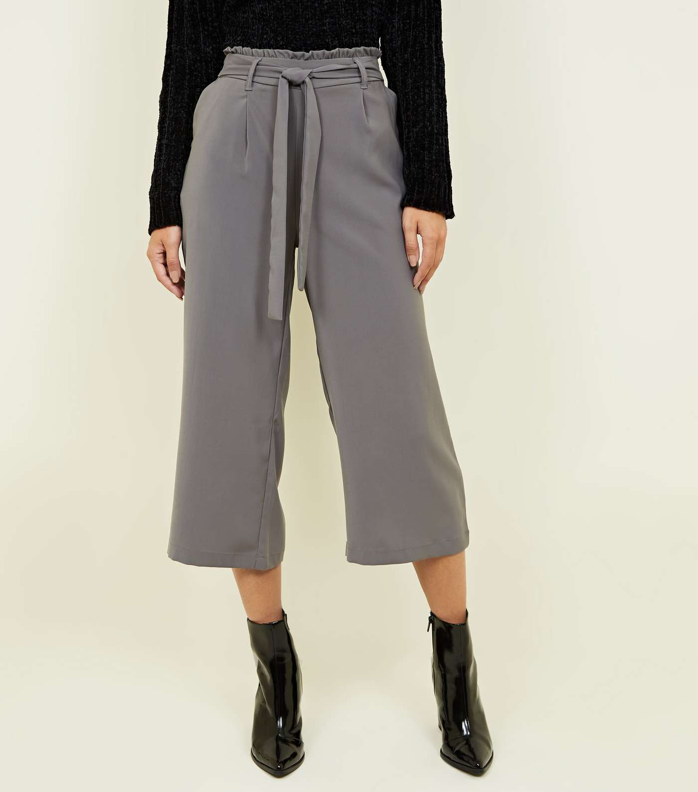 Grey Tie Waist Cropped Trousers Image 2