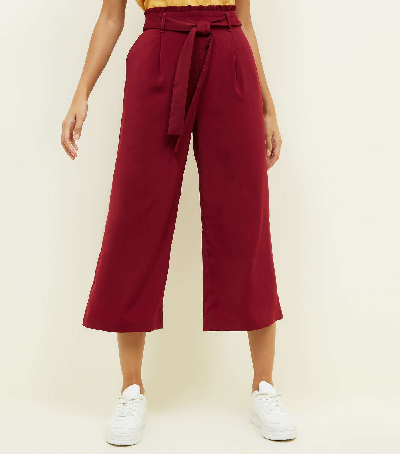 Burgundy Tie Waist Cropped Trousers Image 2