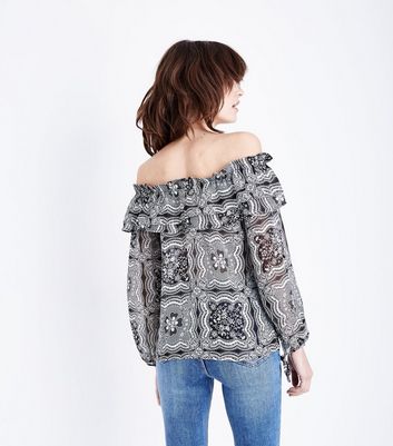 Image of Apricot Black Lace Tile Print Bardot Neck Top New Look