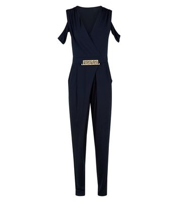 Mela Navy Cold Shoulder Belted Jumpsuit New Look