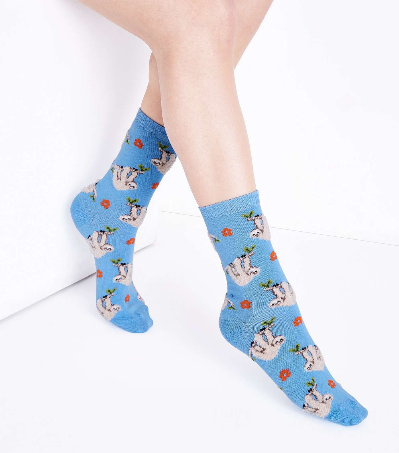 Blue Fluffy Sloth Socks Image 2