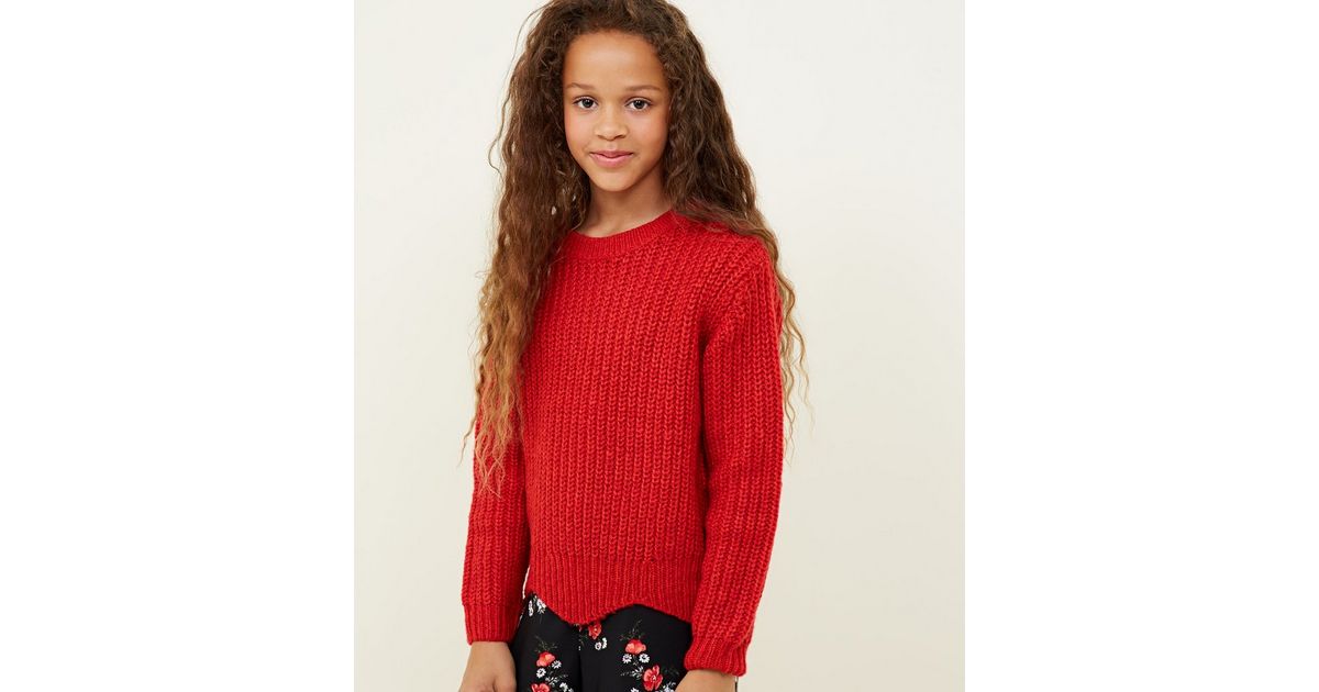 Girls Roter Strickpullover Mit Muschelsaum New Look