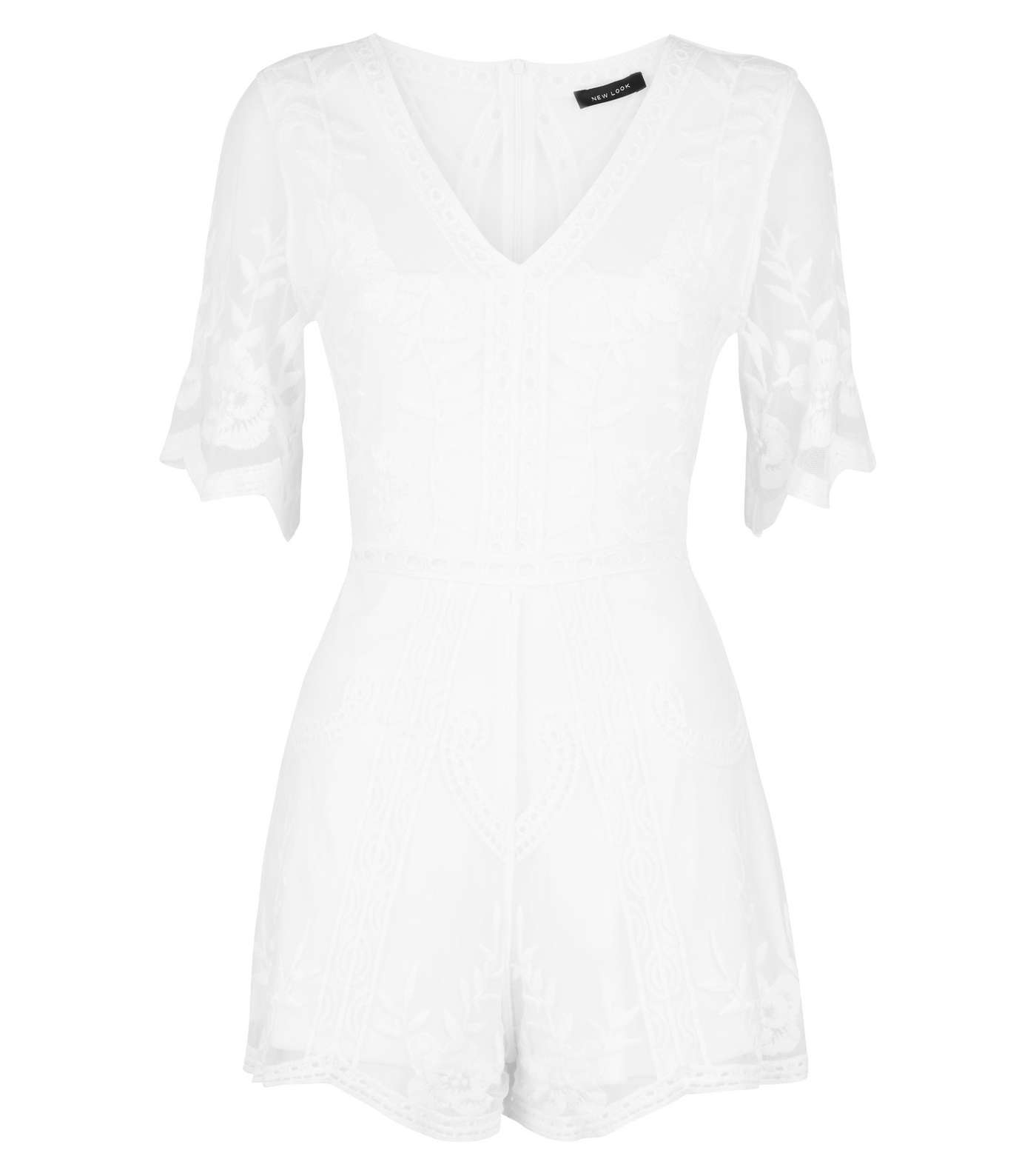 Cream Crochet Embroidered Mesh Playsuit Image 4