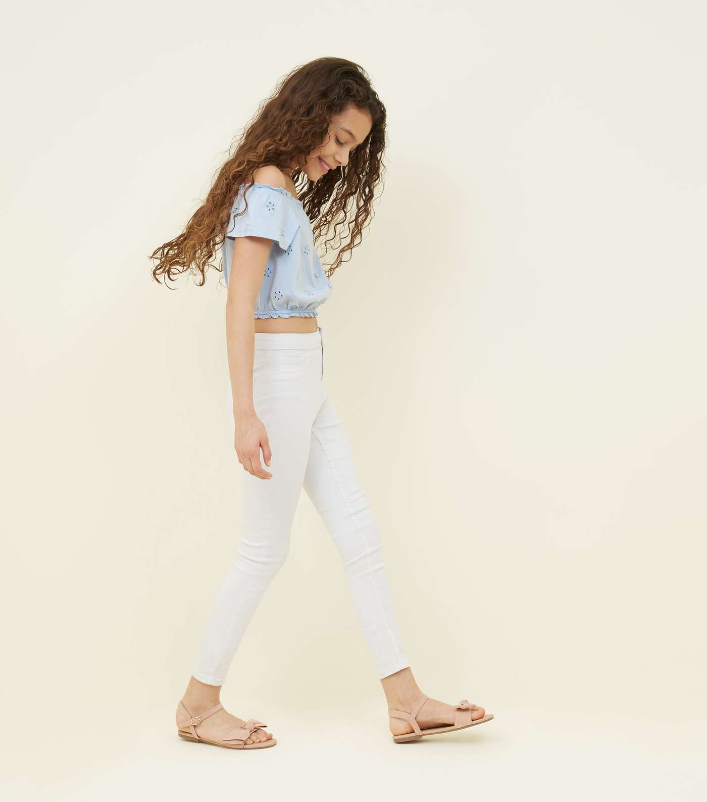 Girls Pale Blue Broderie Button Front Bardot Top Image 2