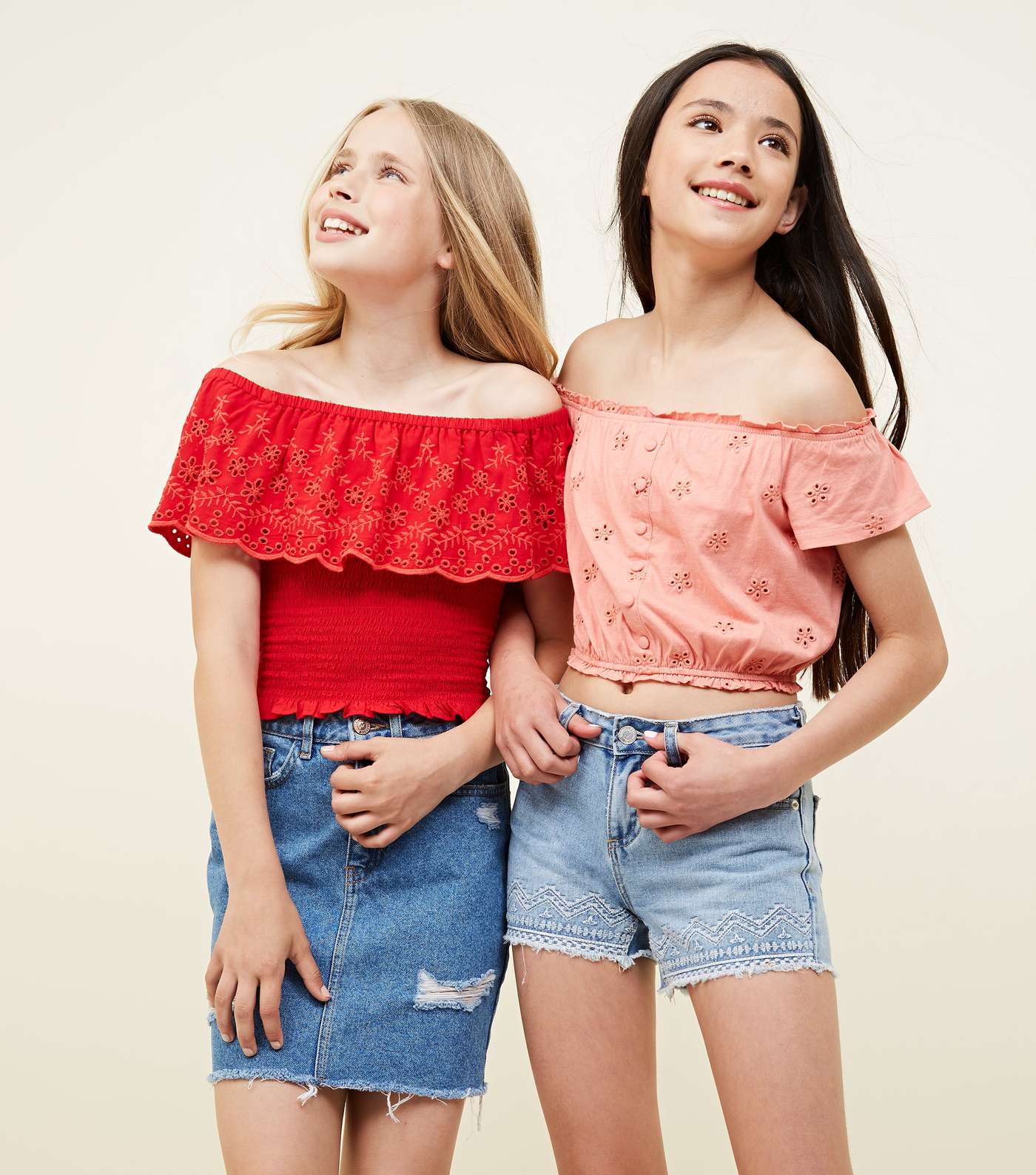 Girls Coral Broderie Button Front Bardot Top Image 6