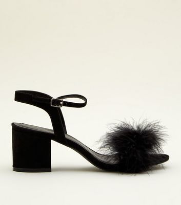 black feather block heels