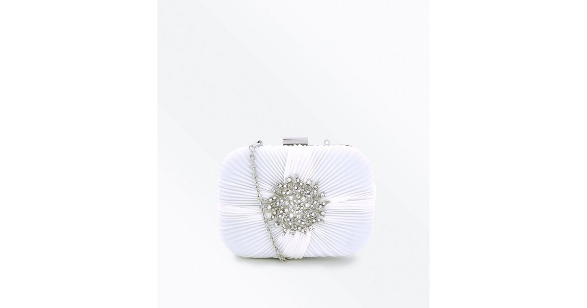 White Brooch Wedding Box Clutch Bag | New Look