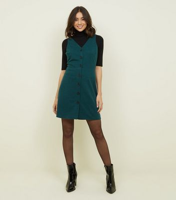 Dark Green Crosshatch Button Front Pinafore Dress New Look