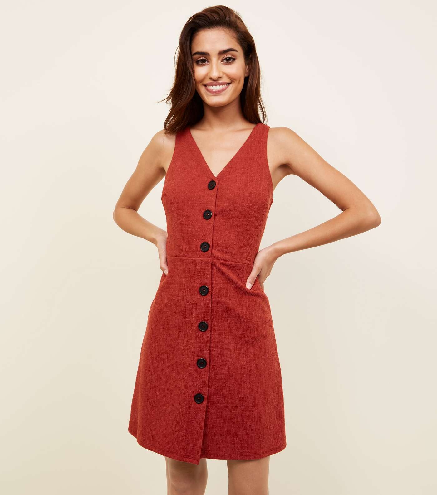 Red Crosshatch Button Front Pinafore Dress