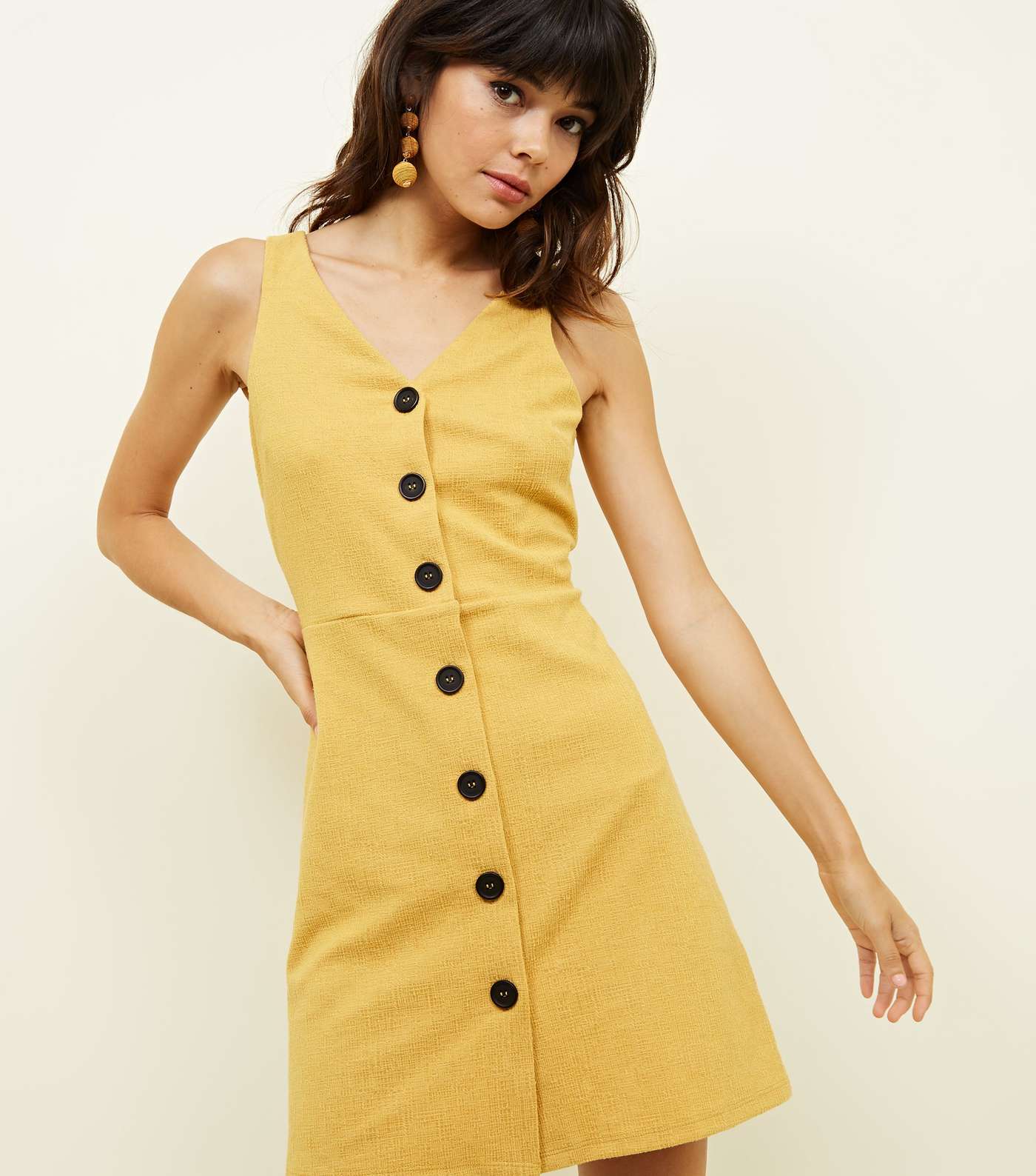 Mustard Crosshatch Button Front Pinafore Dress