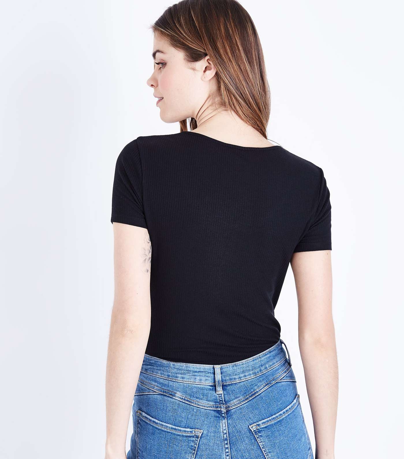 Black Button Front Ribbed T-Shirt Image 3