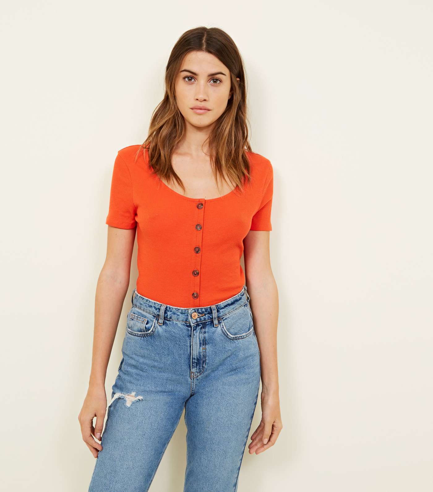Orange Button Front Ribbed T-Shirt