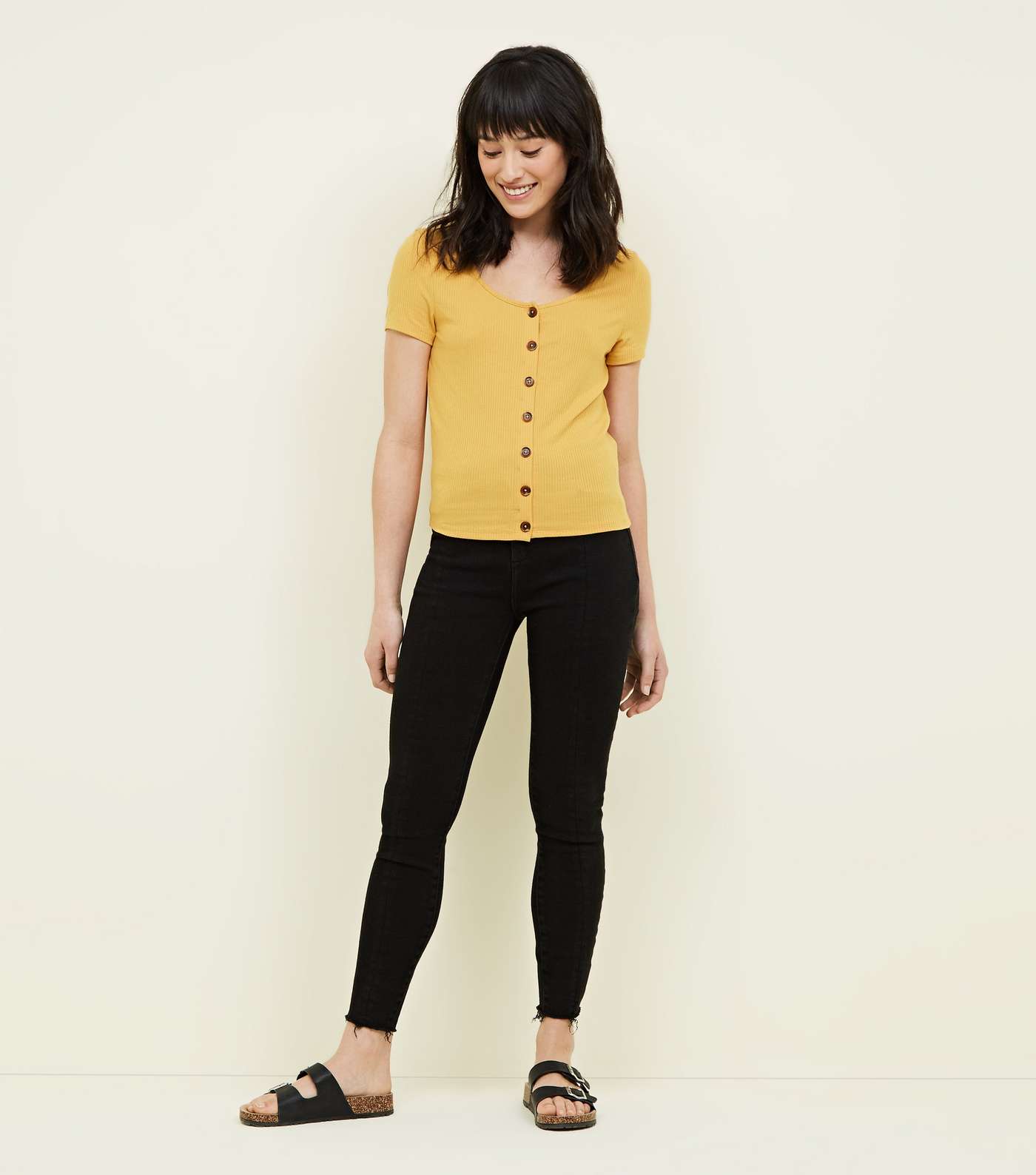 Yellow Button Front Ribbed T-Shirt Image 2