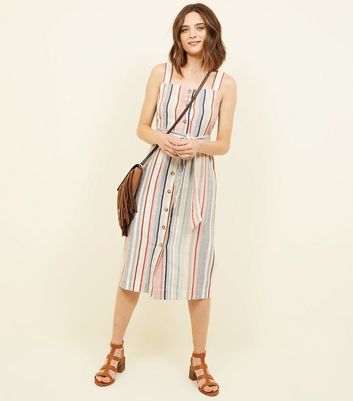 Off White Stripe Linen Look Button Up Midi Dress New Look