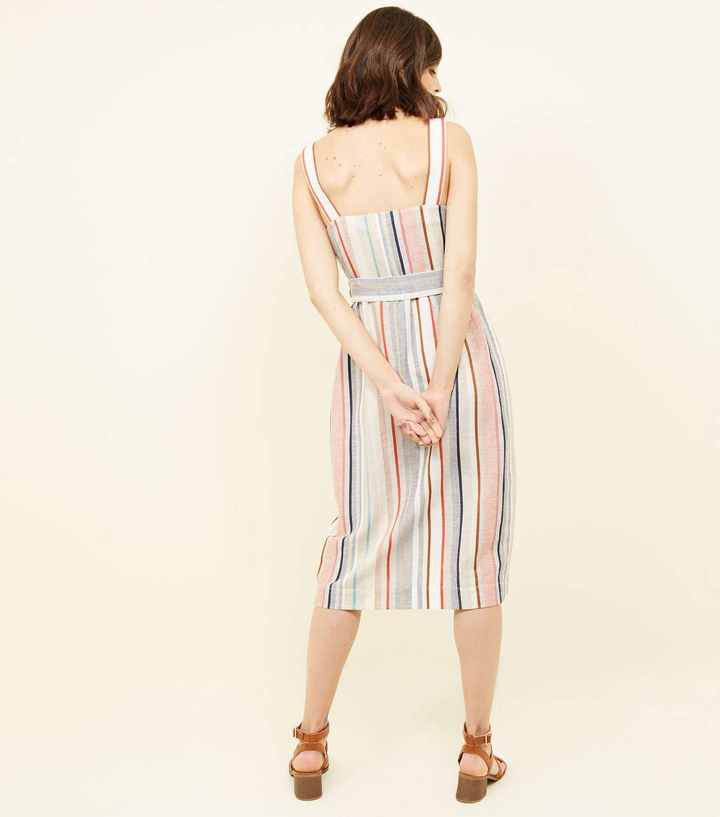 Off White Stripe Linen-Look Button Up Midi Dress Image 3