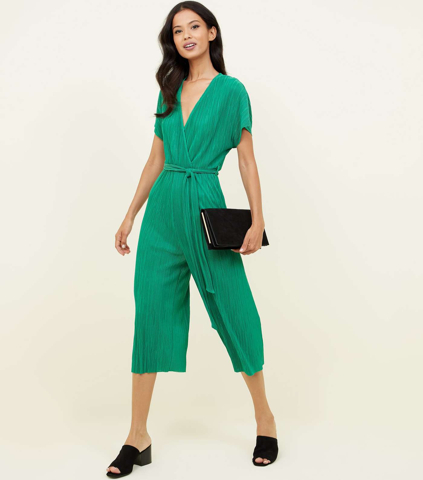 Green Plissé Wrap Front Culotte Jumpsuit