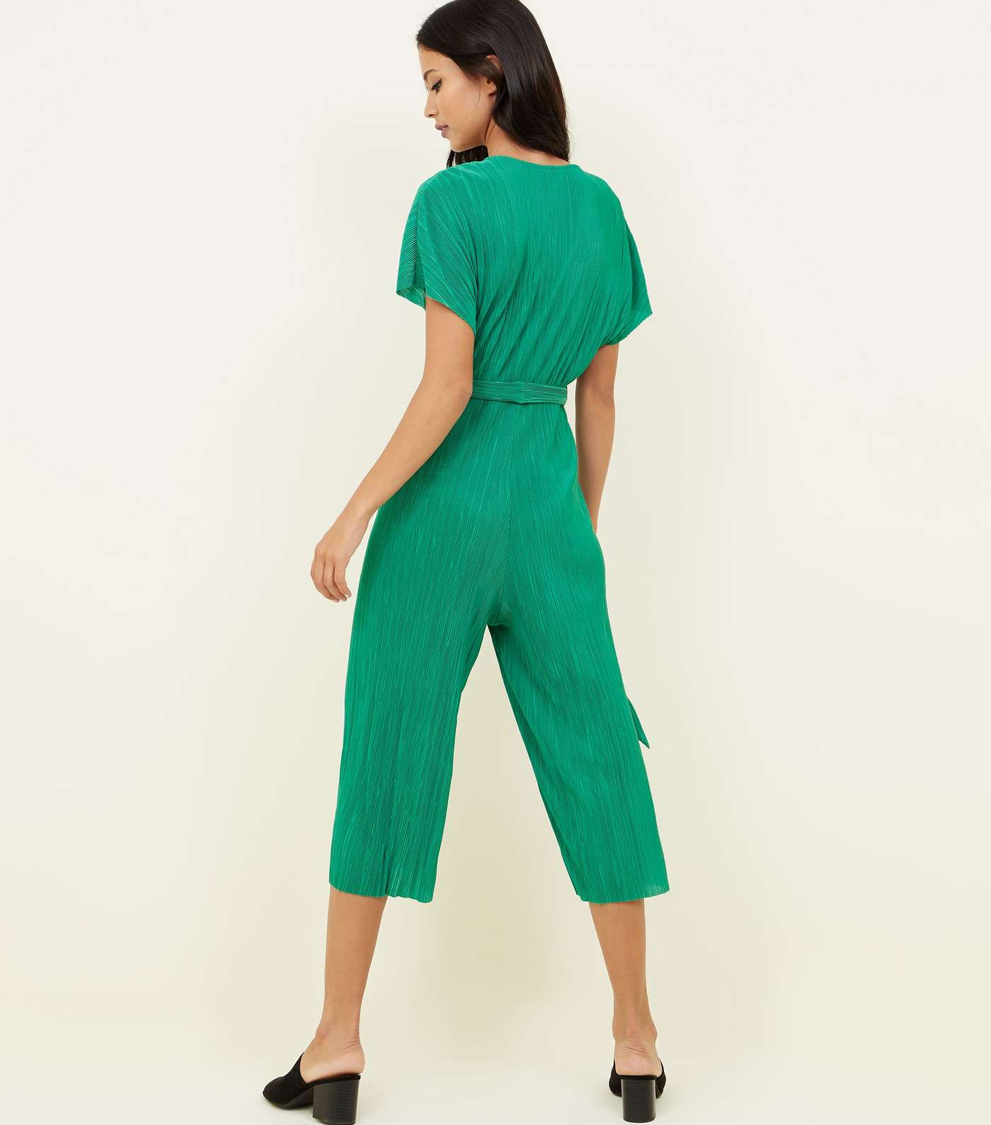 Green Plissé Wrap Front Culotte Jumpsuit Image 3