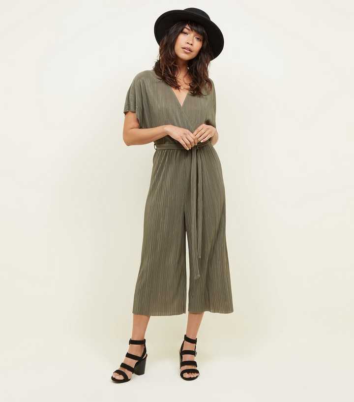 Khaki Plissé Wrap Front Culotte Jumpsuit