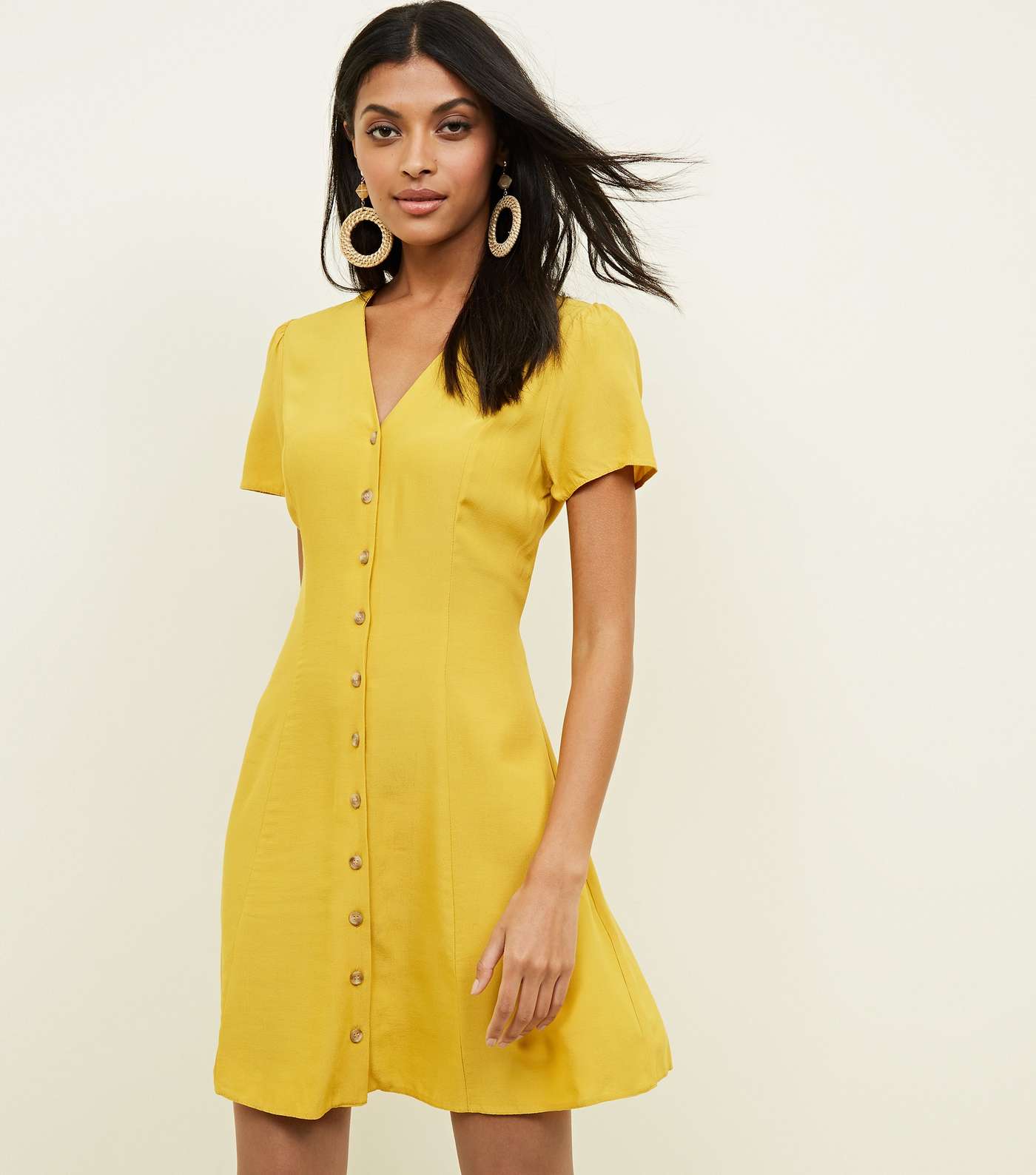 Mustard V Neck Button Front Tea Dress