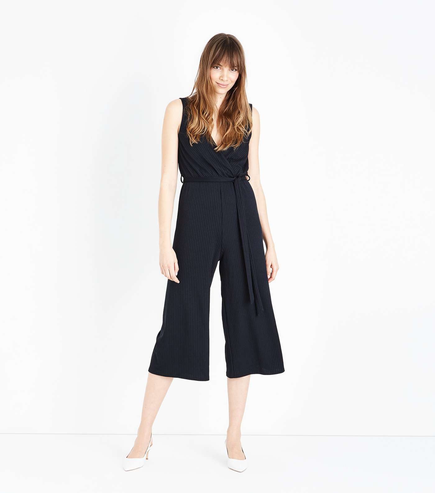 Black Ribbed Sleeveless Jersey Culotte Jumpsuit 