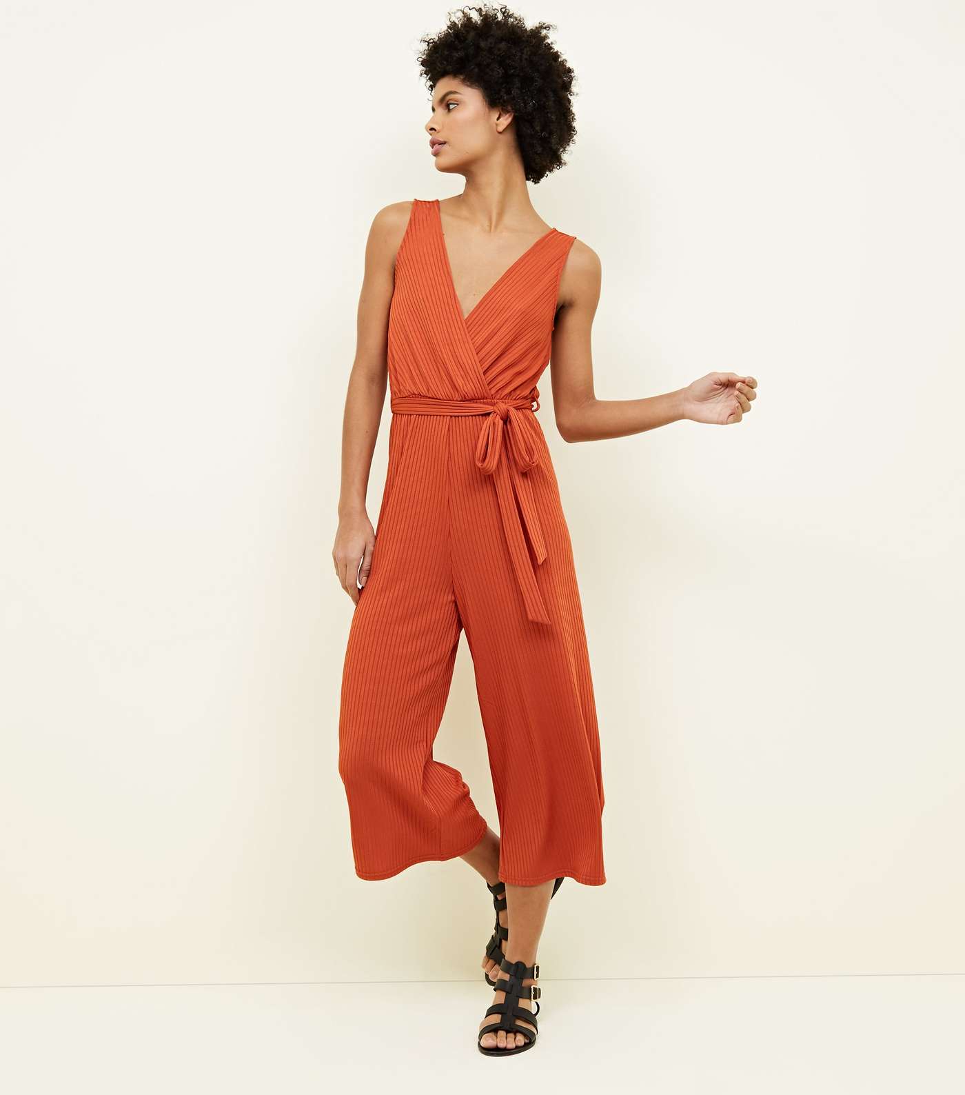 Rust Ribbed Sleeveless Jersey Culotte Jumpsuit