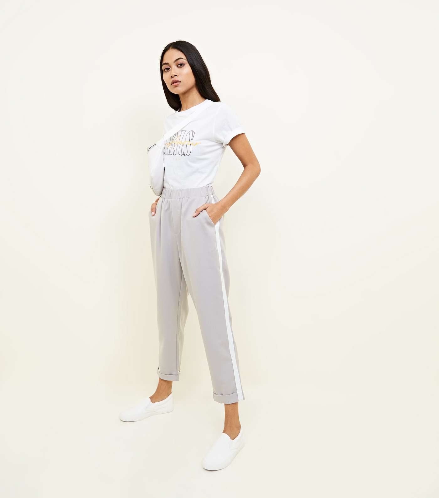 Petite Grey Side Stripe Tapered Trousers 