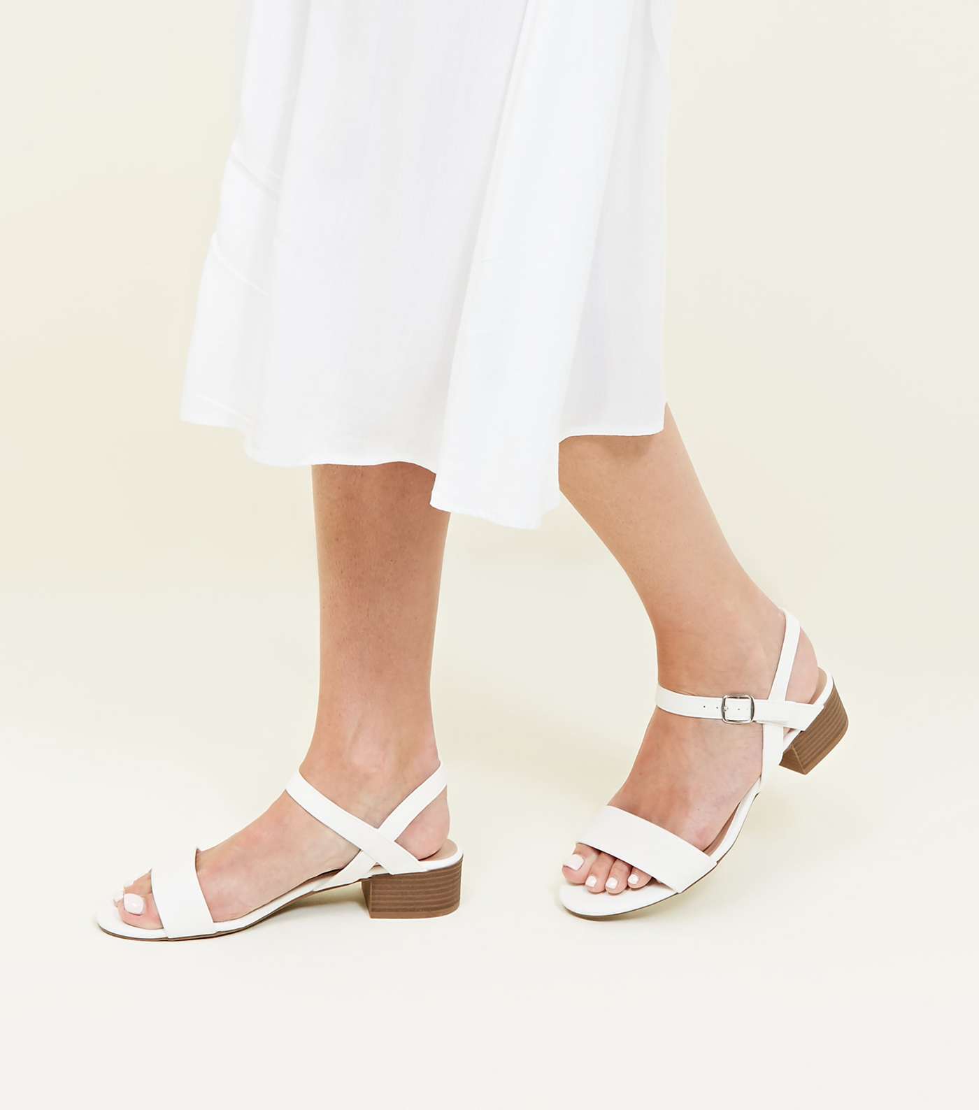 White Leather-Look Low Block Heel Sandals Image 2