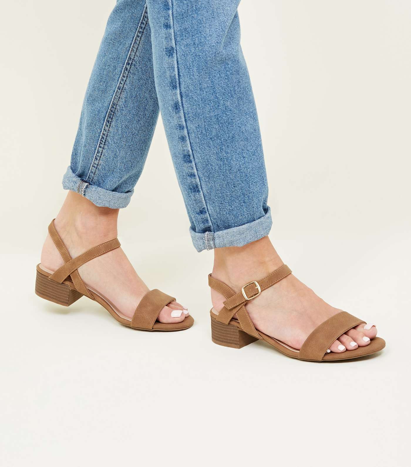 Tan Leather-Look Low Block Heel Sandals Image 2