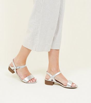 low silver block heels