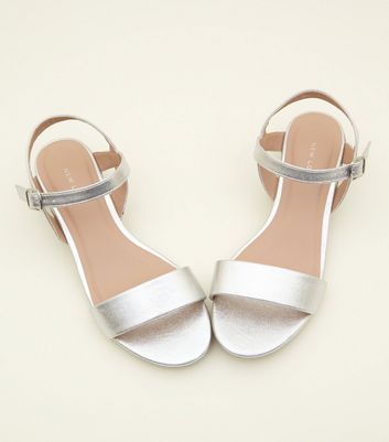 Silver Metallic Low Block Heel Sandals 