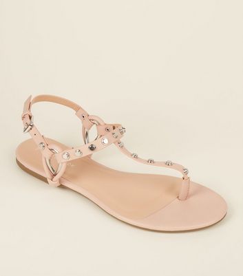 Nude Studded Strap Flat Sandals | New Look