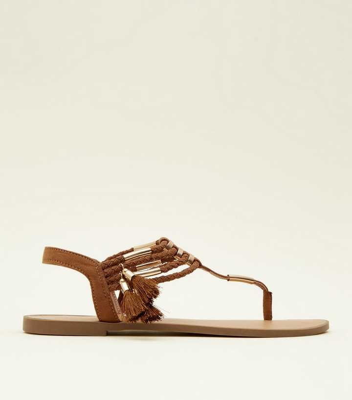 Tan Metal and Tassel Trim Flat Sandals | New Look