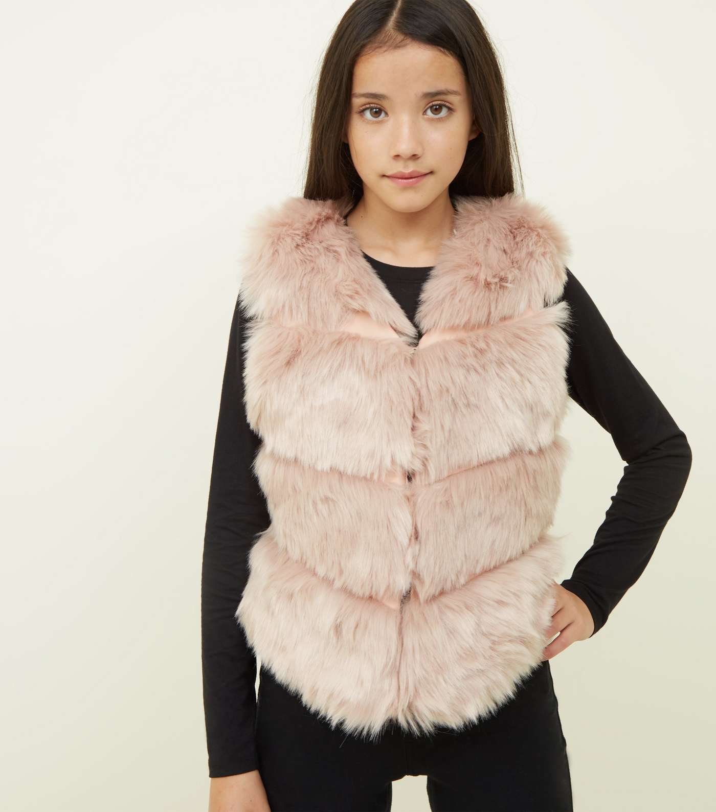 Girls Pale Pink Chevron Pelted Faux Fur Gilet