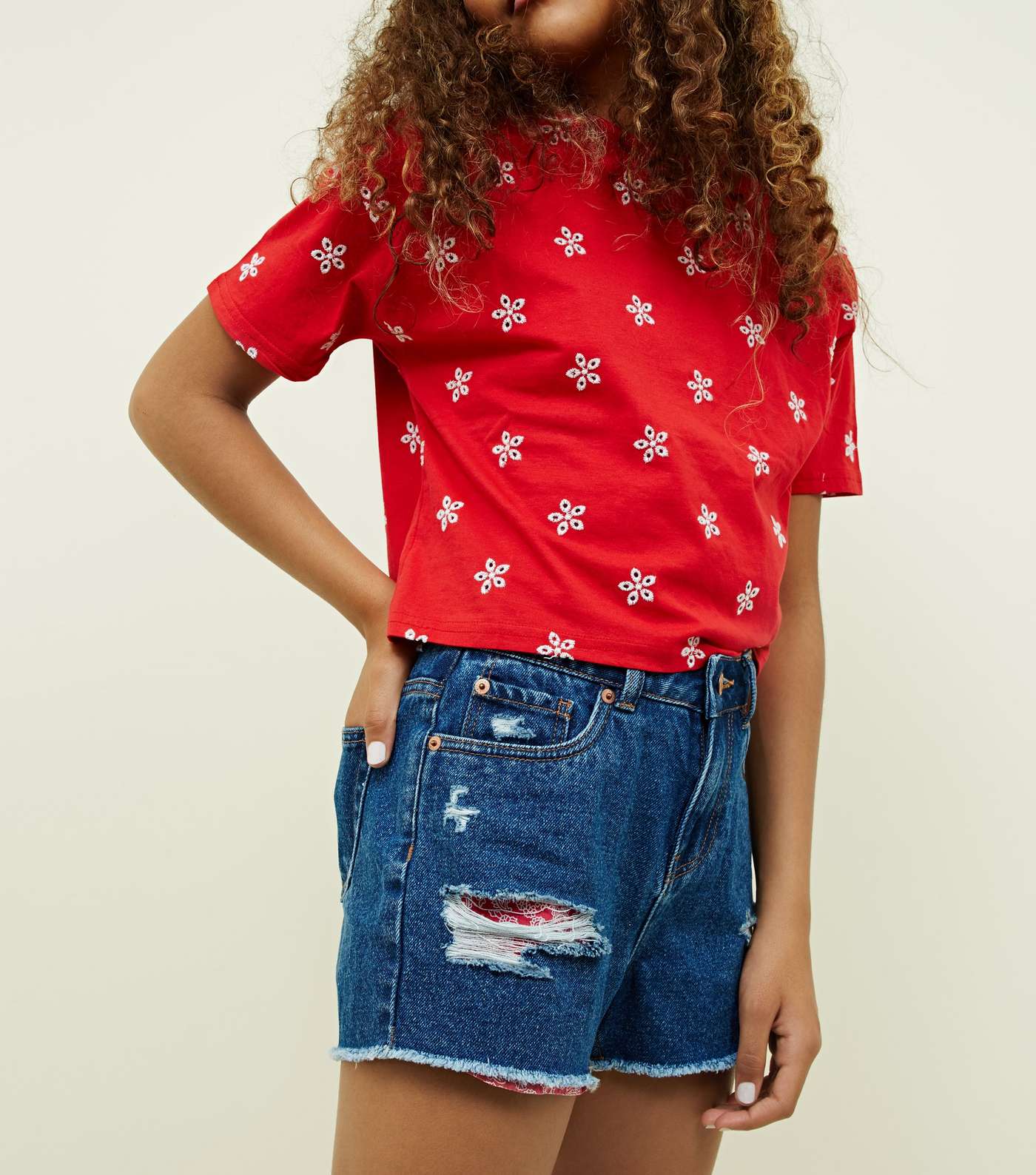 Girls Navy Red Pocket Ripped Denim Shorts Image 5