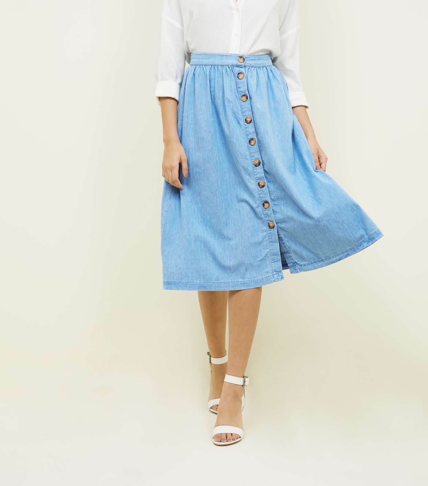 Pale Blue Button Front Denim Midi Skirt Image 2