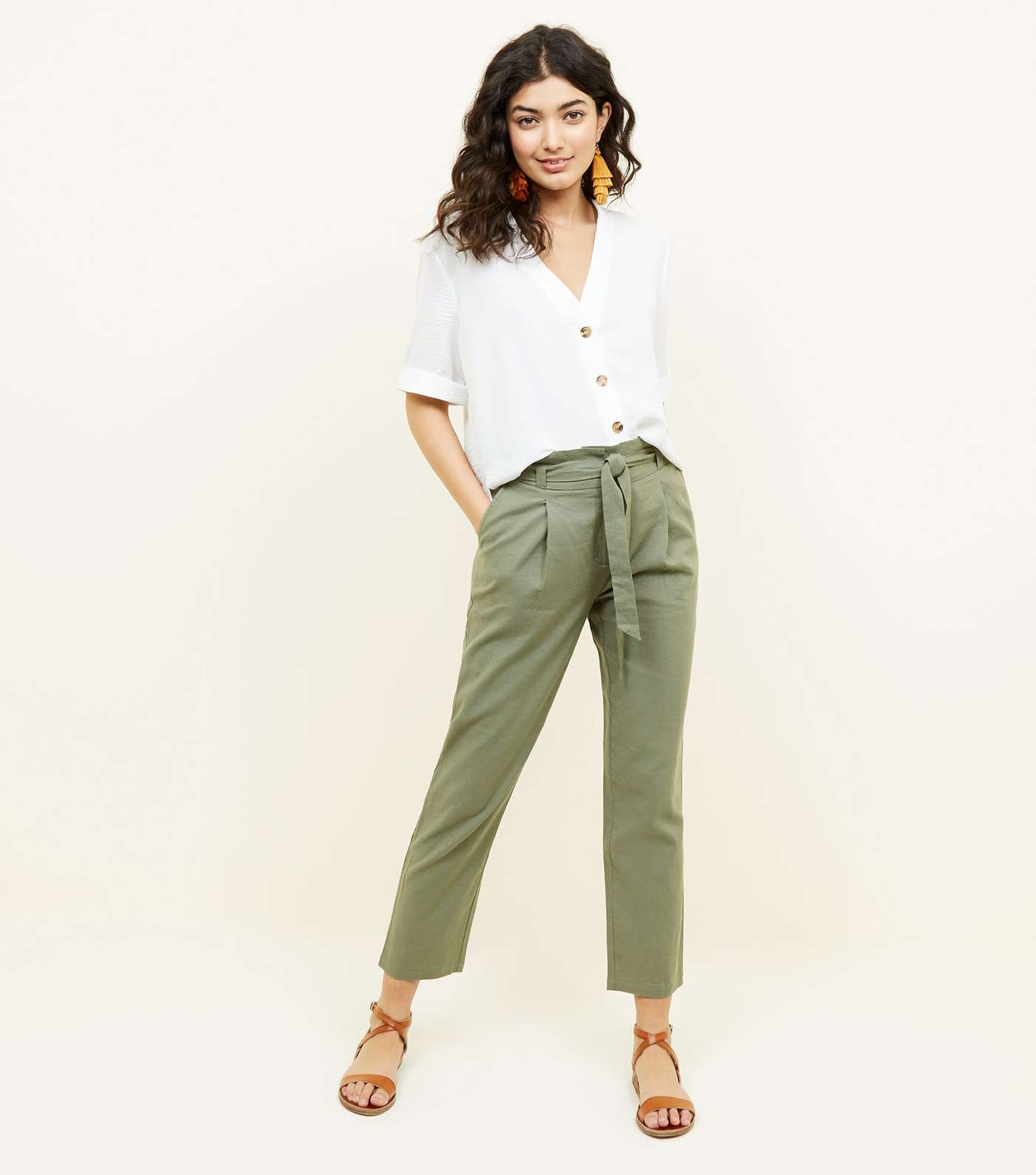 Khaki Linen Blend Paperbag Trousers