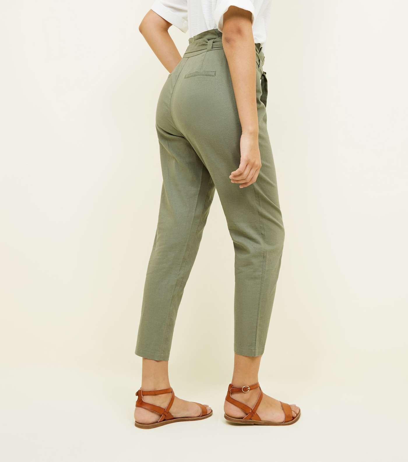 Khaki Linen Blend Paperbag Trousers Image 3