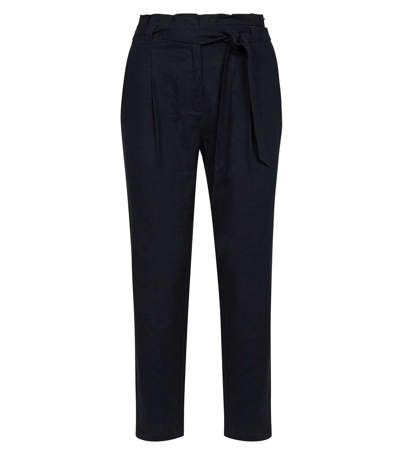 Navy Linen Blend Paperbag Trousers Image 4