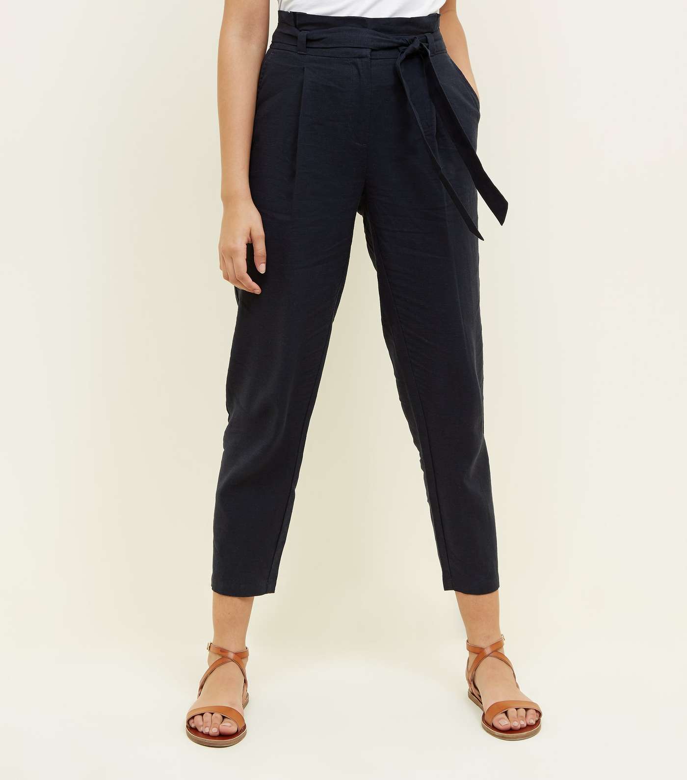 Navy Linen Blend Paperbag Trousers Image 2