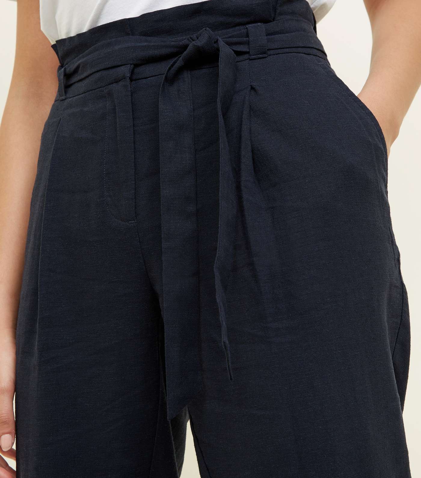 Navy Linen Blend Paperbag Trousers Image 6