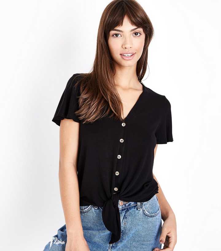 Black Tie Button Front Top