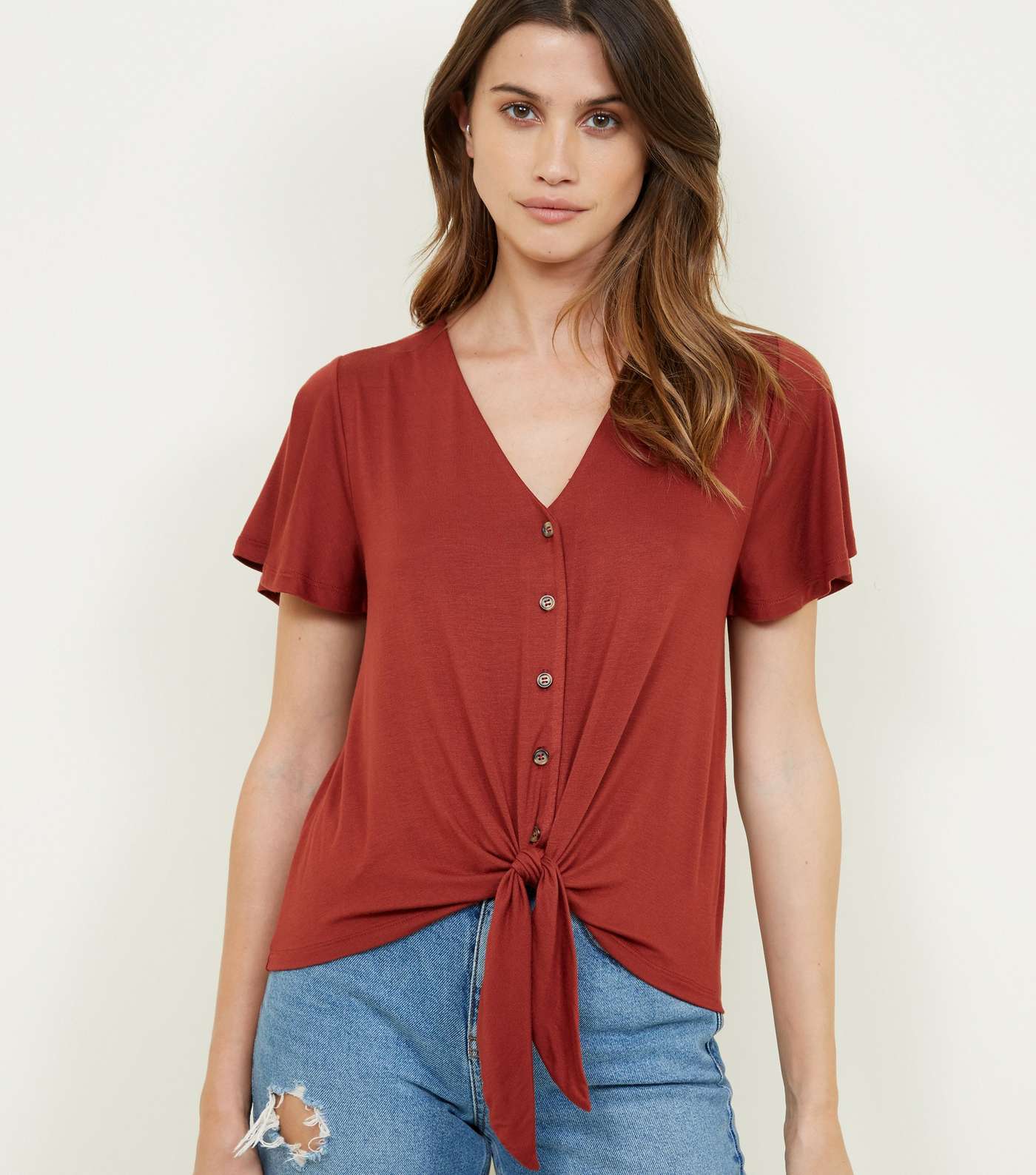 Rust Tie Button Front Top
