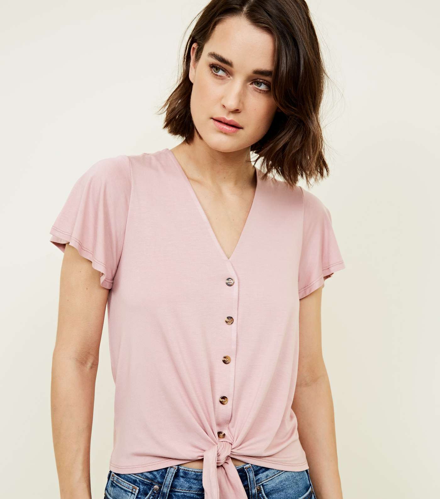 Pale Pink Tie Button Front Top